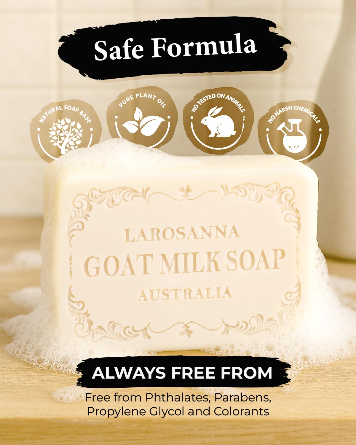 larosanna Australian Goat Milk Soap,Helps Moisturize,Smooth & Cleanse Skin,Triple-milled Bar Soap with Cocoa Butter,Aloe Vera and Pure Plant Oil,Body Soap Bars 6.3 oz for Adults & Babies,Pack of 4
