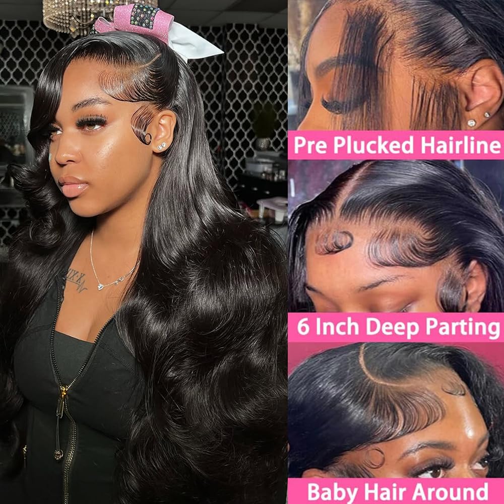 PINKEAGLE 34 Inch 13x6 Lace Front Wigs Human Hair 200% Density Body Wave HD Lace Front Wigs Human Hair Pre Plucked Glueless 13x6 Full Frontal Wig for Women Natural Black