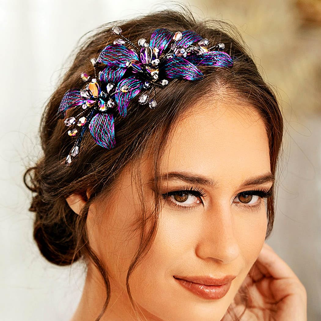 Formery Blue Crystals Bridal Headband Wedding Flowers Bride Hairband Prom Wire Floral Headpiece Hair Accessories for Women