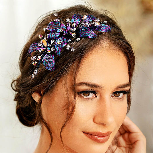 Formery Blue Crystals Bridal Headband Wedding Flowers Bride Hairband Prom Wire Floral Headpiece Hair Accessories for Women