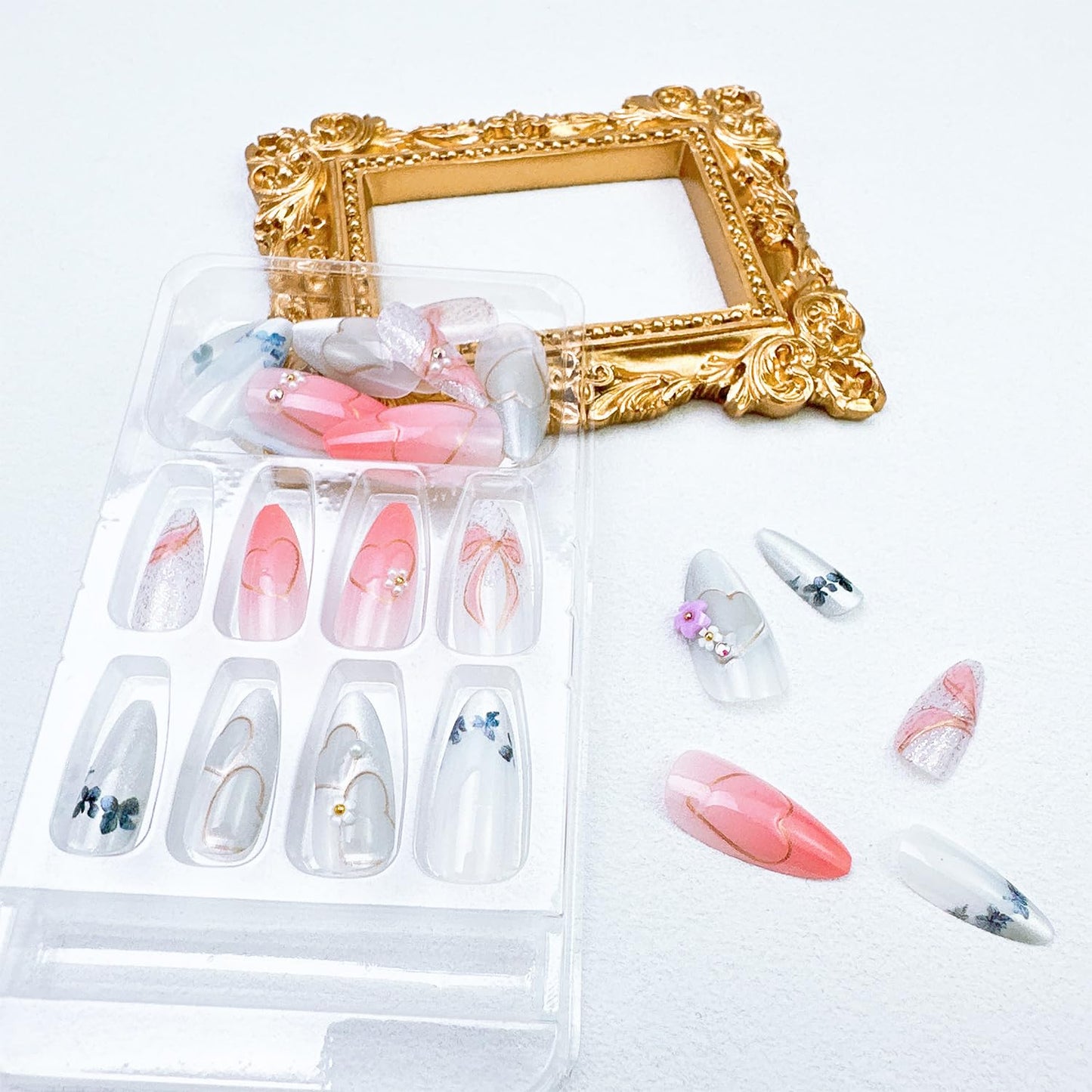 24pcs Pink Press on Nails Medium Almond Fake Nails with Small Flower Rhinestones Pearl Designs French False Nails Bow Stick on Nails Summer Floral Acrylic Nail Tips Full Cover Glue on Nails for Women