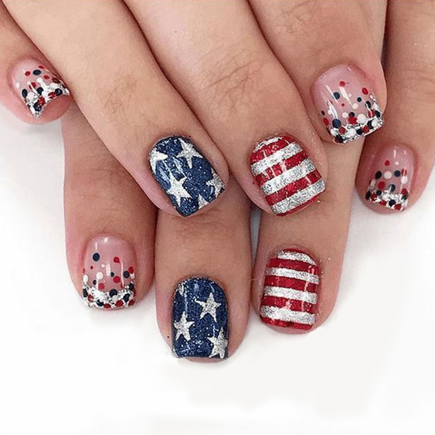 Independence Day Press on Nails Medium Square Fake Nails with Silver Glitter Star Stripe Designs Patriotic False Nails 4th of July Acrylic Nails Red Blue Polka Dots Stick on Nails for Women