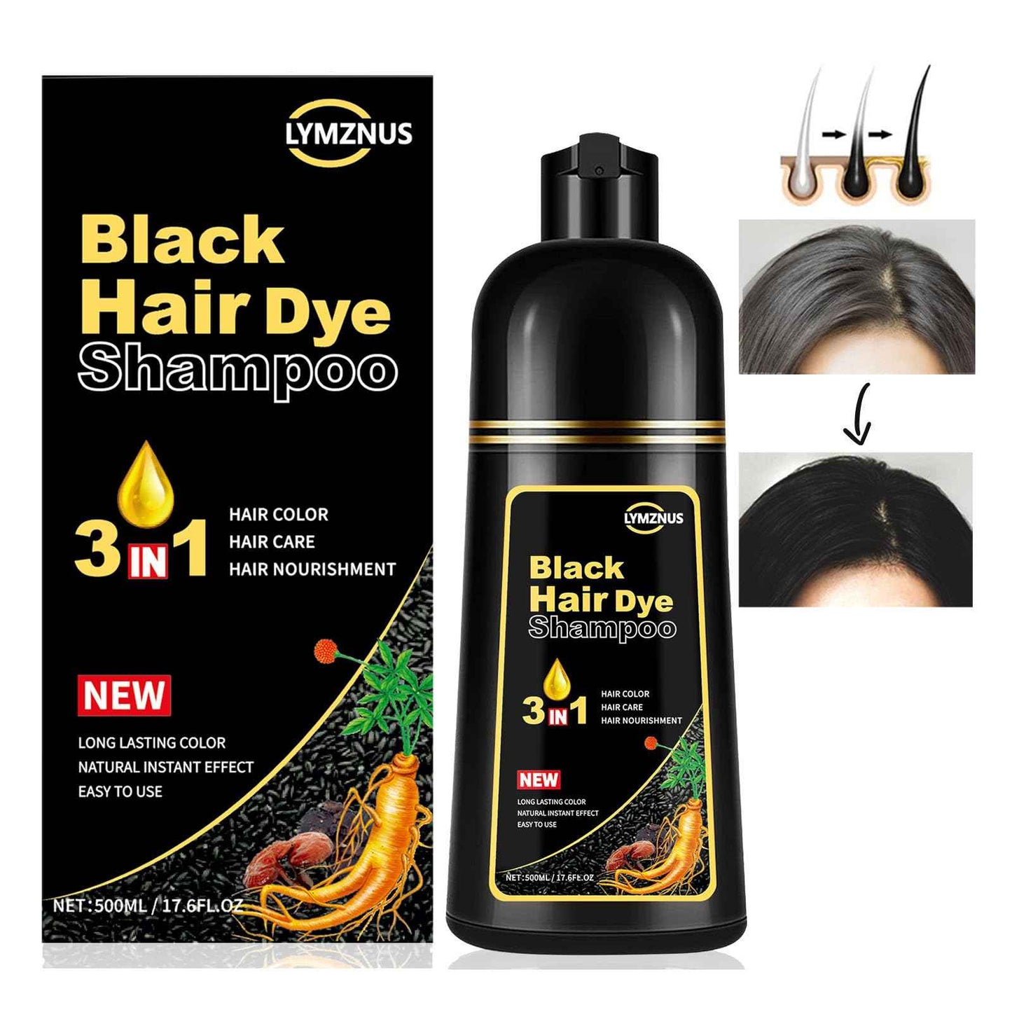 lymznus Herbal Black Hair Dye Shampoo 3 in 1 for Gray Hair, Instant Hair Color Shampoo for Women & Men, Black Hair Shampoo for 100% Grey Coverage 500ML
