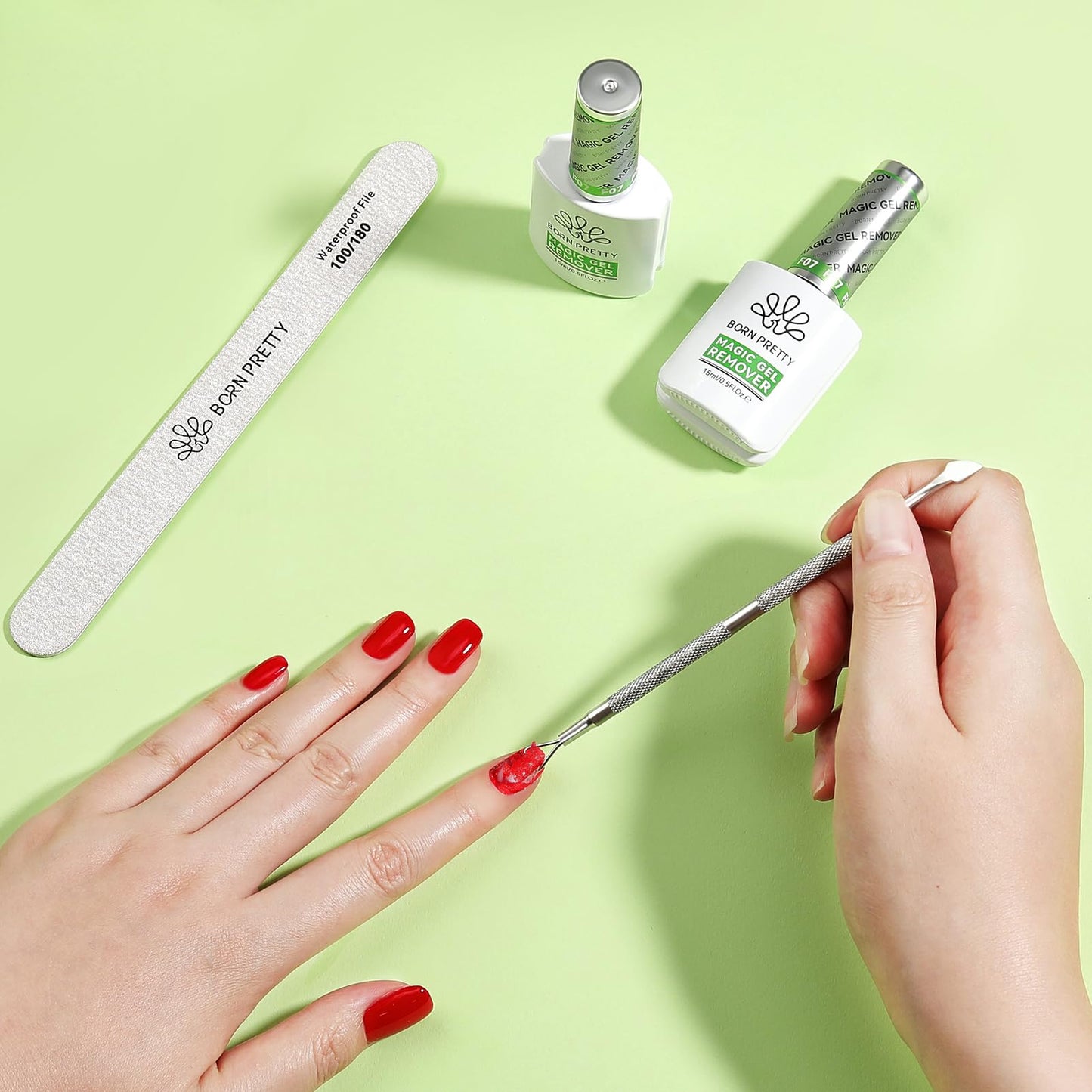 BORN PRETTY Magic Gel Polish Remover,2Pcs Gel Polish Remover for Nails with Cuticle Pusher and Nail Files,Quick & Easy Gel Nail Polish Removal in 3-5 Minutes,No Damage to Nails