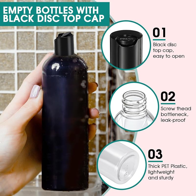 12Pcs 16oz Clear Plastic Refillable Travel Bottles with Black Disc Top Caps - Variation: Clear+16 Ounces (Pack of 12)