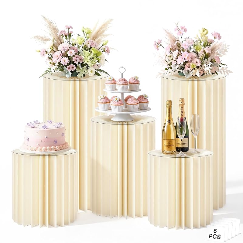 Youjoitim 5-Pack White Cylinder Pedestals Stands, 15.7/23.6/31.5 Inch Height, Foldable Cardboard Display Columns