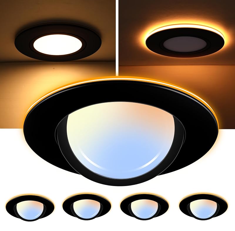 [5CCT] CLOUDY BAY 6" Recessed LED Downlight with Night Light, 12W 850LM 2700K-5000K, Black, Swivel Angled Canless