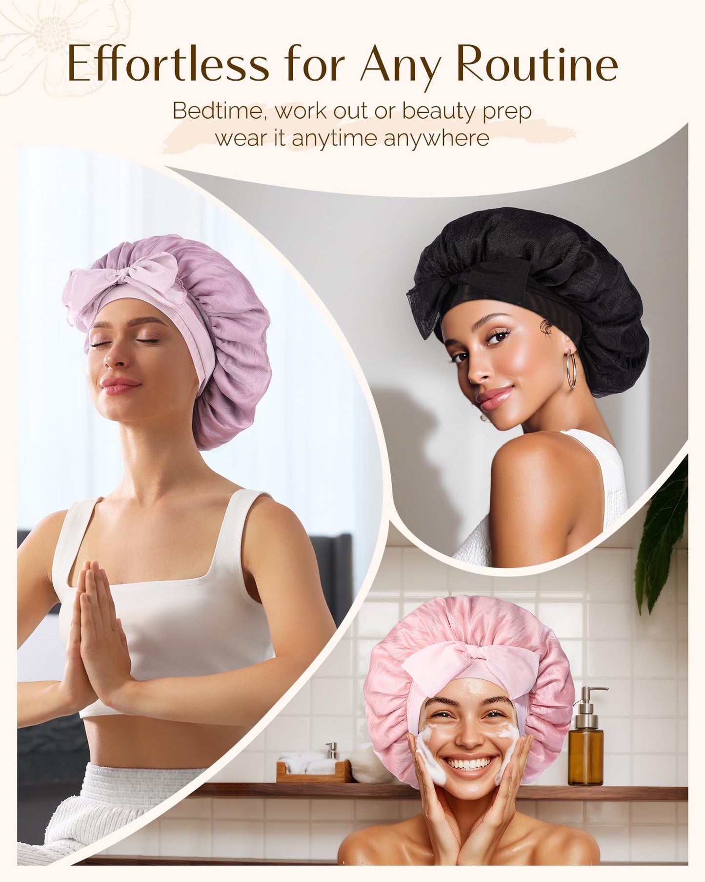 YANIBEST Breathable Silk Bonnet for Sleeping Women, Breeze Satin Bonnet with Tie Band Hair Bonnet Curly Hair, Head Wrap Cap, Black