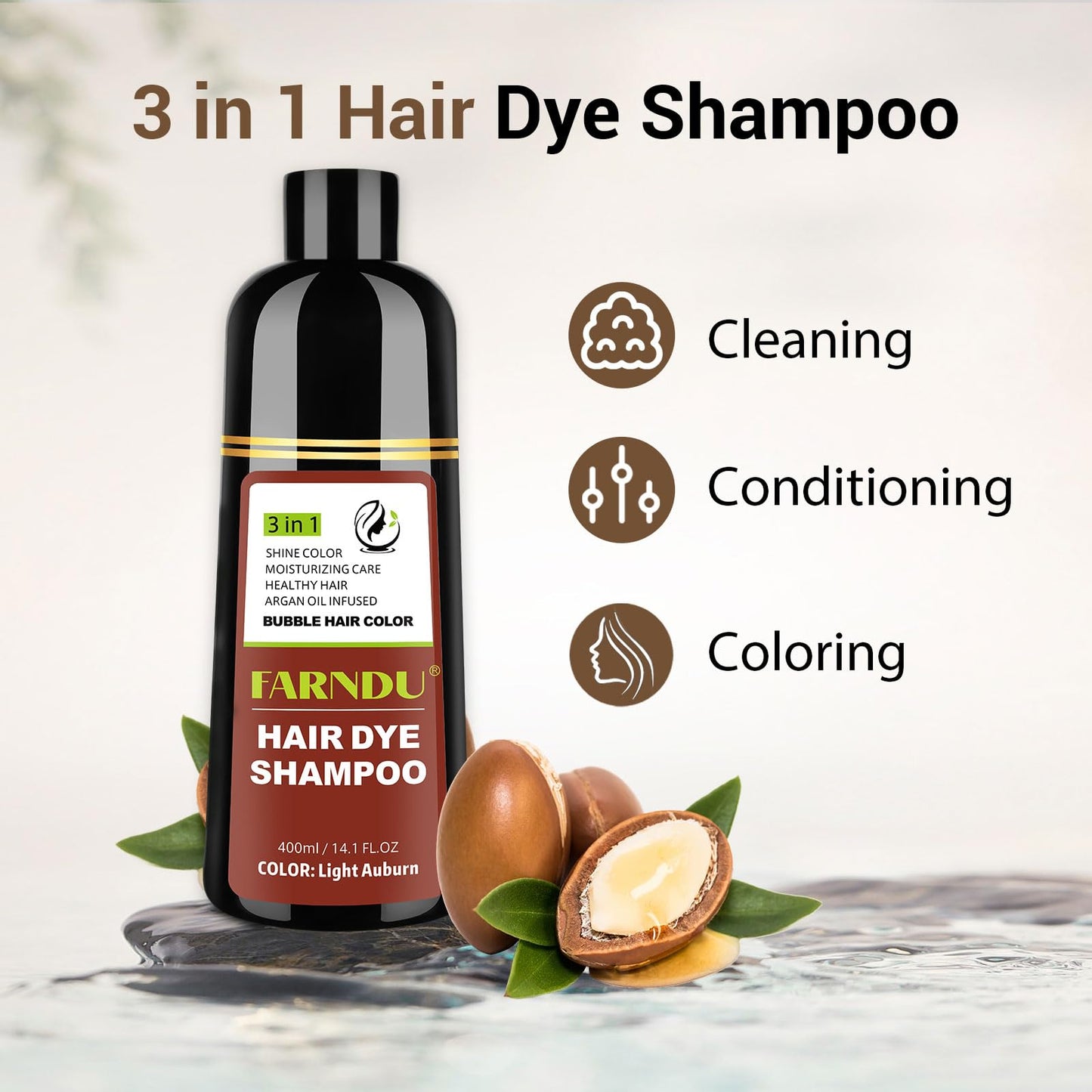 Farndu Light Auburn Hair Dye Shampoo for Women Men Gray Hair Coverage and Herbal Ingredients 3 In 1 Hair Color Shampoo