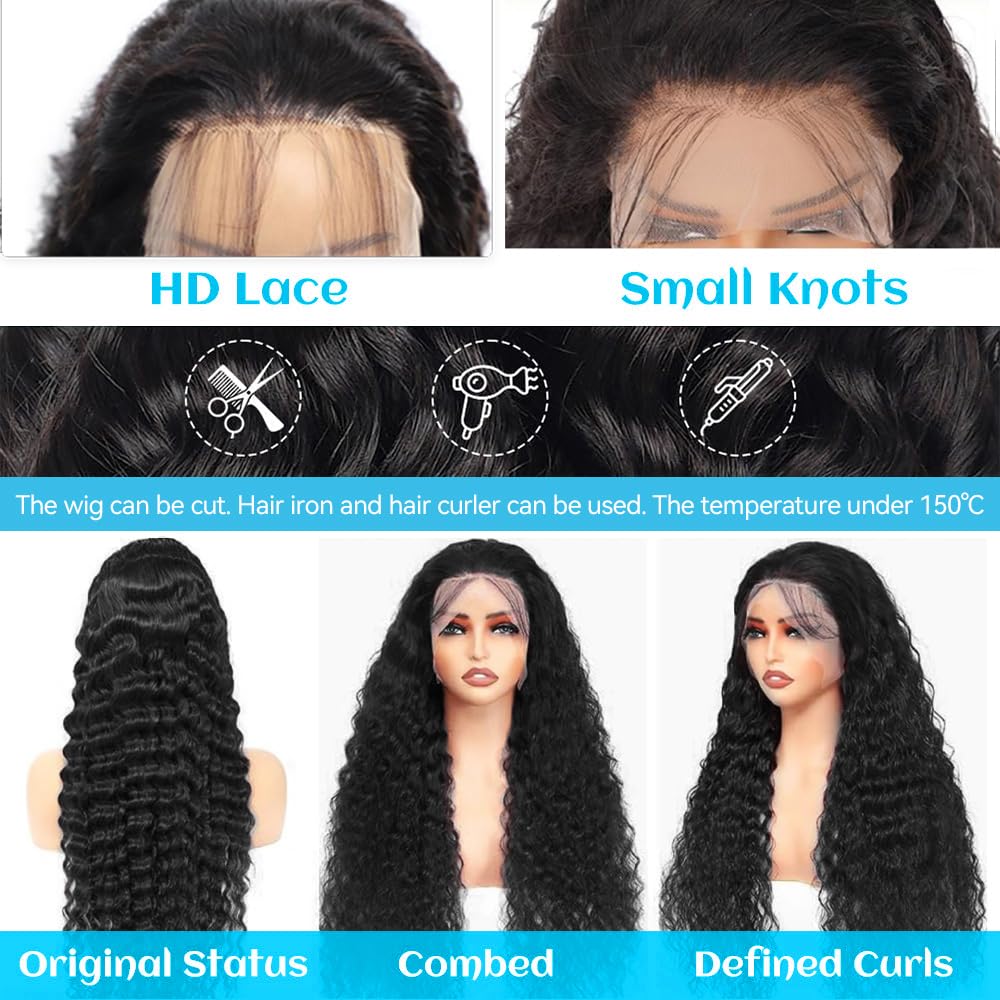 Jukabe 13x6 Lace Front Wigs Human Hair Pre Plucked 200 Density HD Transparent Deep Wave Lace Frontal Wigs Human Hair for Women Glueless Wigs Human Hair with Baby Hair 24 Inch