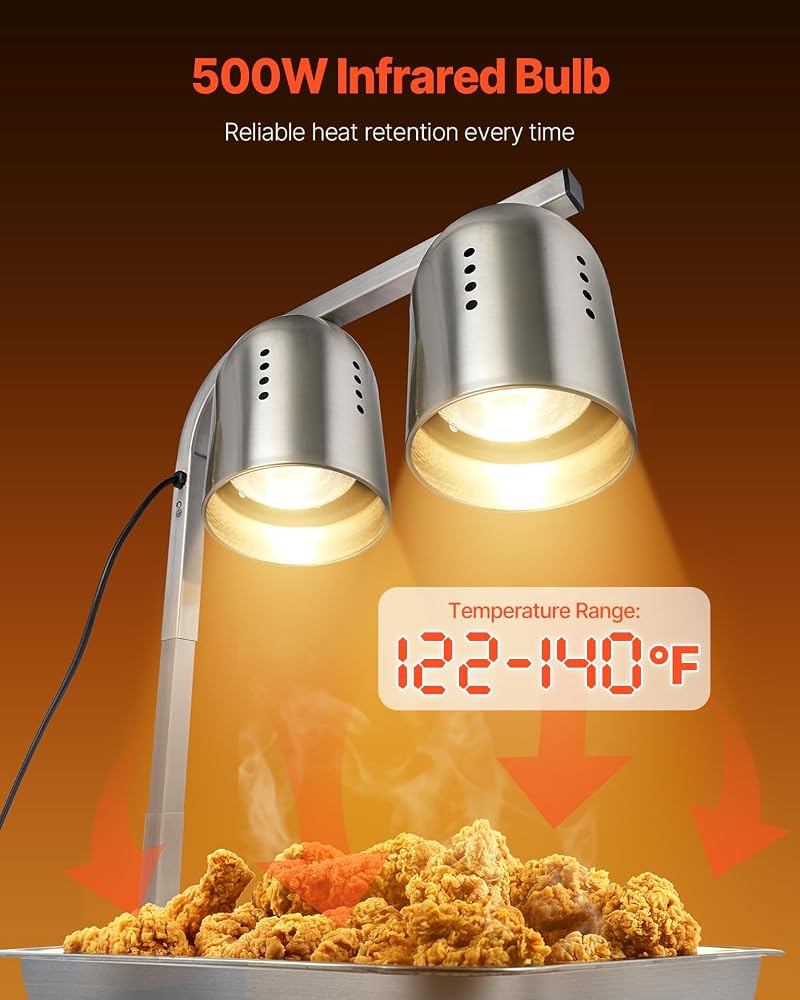 VEVOR Food Heat Lamp – 500W, 2x250W Infrared Bulbs, Free-Standing Stainless Steel Warmer