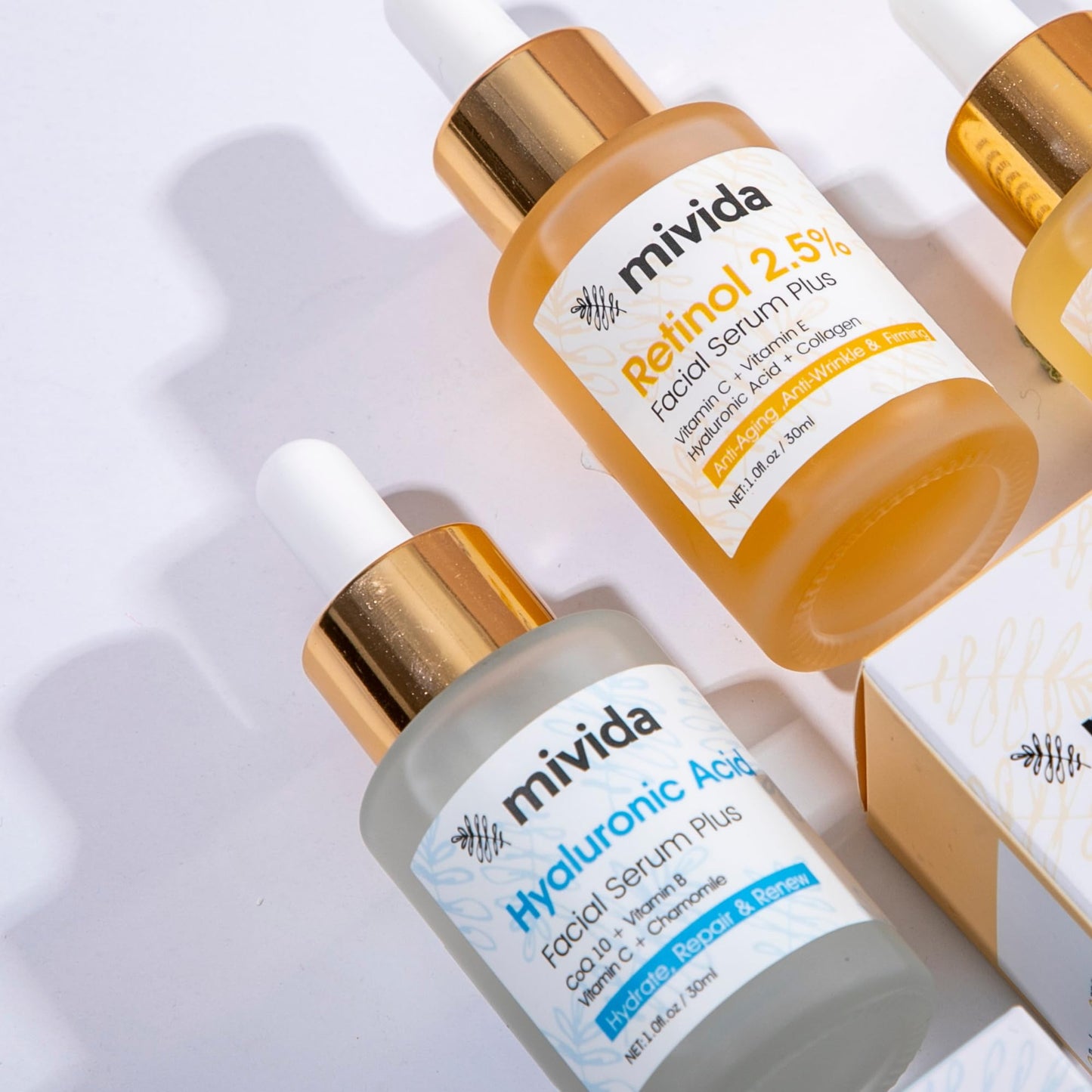 Mivida Anti-Aging Serum Set – 2.5% Retinol + Hyaluronic Acid Serum for Face – Duo Anti-Wrinkle, Lifting & Firming – Hydrating, Brightening, Collagen Boosting, Fragrance Free – 2x1 fl oz