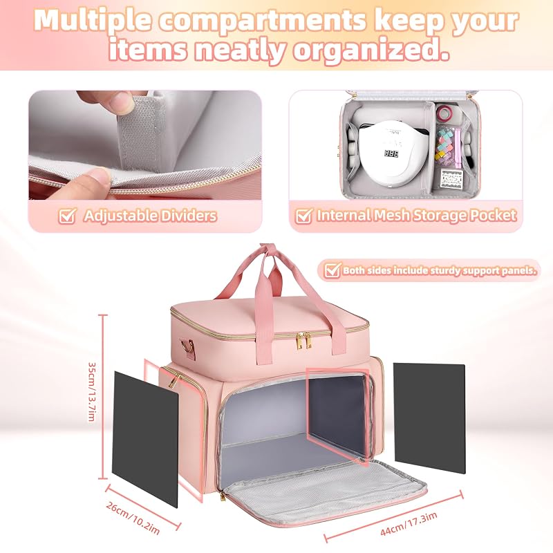 Derstuwe Nail Polish Organizer Case – 96 Bottle Capacity with Hard Bottom & Lamp Compartment (Pink)