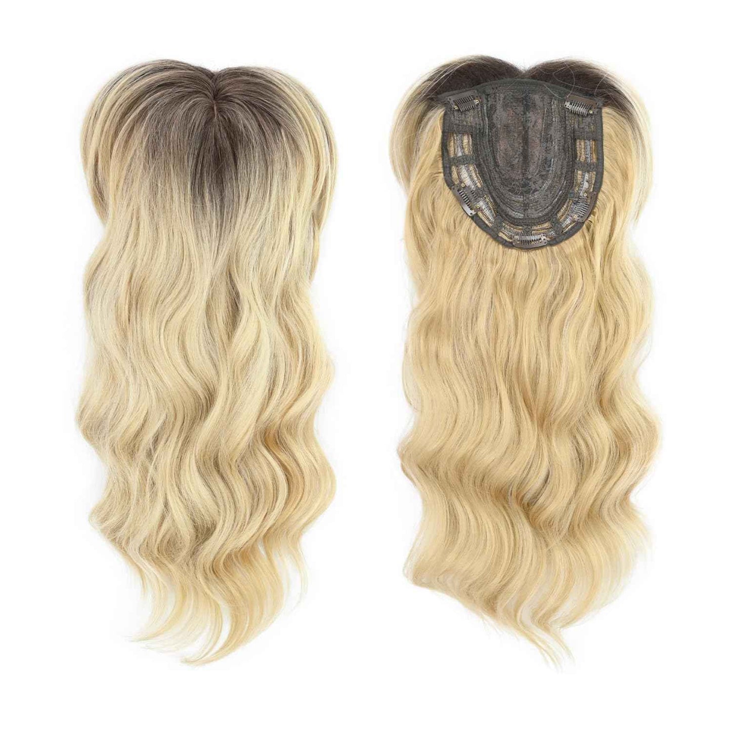 UAmy hair Toppers For Women with Thinning Hair 20inch Long Wavy Curly Hair Topper with Curtain Bangs 6.5 * 6.5inch Synthetic Wiglets HairTop Hairpieces(Champagne Mix Ash Blonde with Dark Roots)