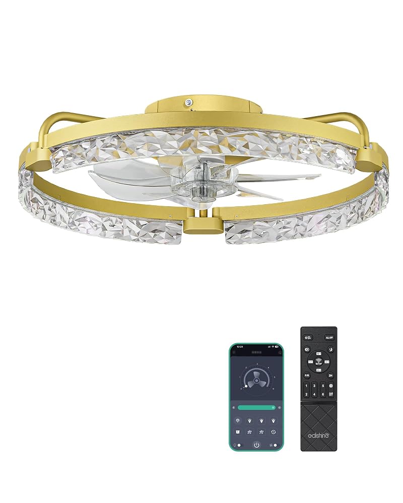Edishine 20'' Ceiling Fan with Light - Low Profile Flush Mount, Gold Variation