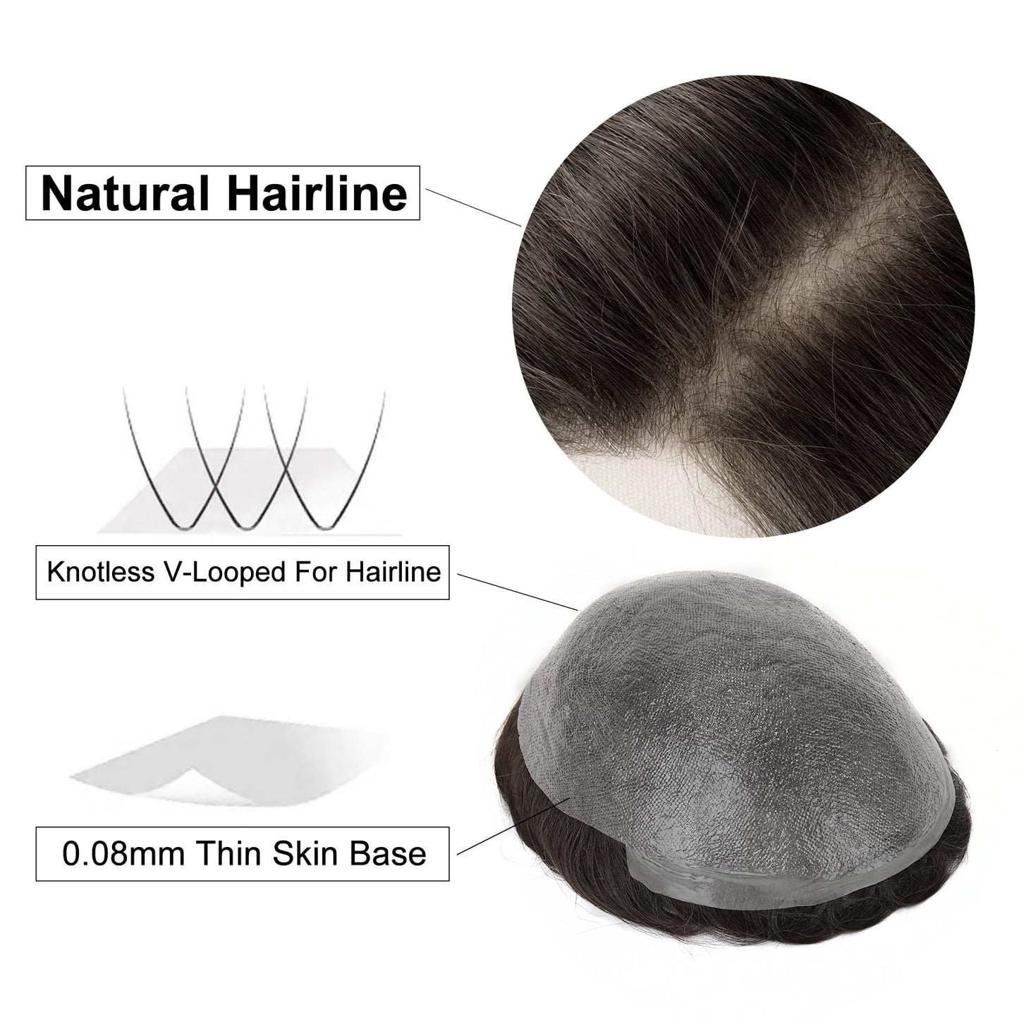 Topunique Mens 0.08mm Thin Skin Toupee, #1B20 Natural Black with 20% Gray Hair V-Looped Invisible Hairline 8x10 Inch PU Base Remy Human Hair for Men