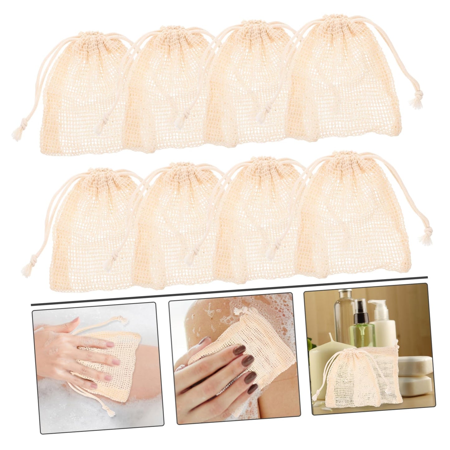 Hoement 8pcs Cotton Soap Storage Bags Drawstring Foaming Pouches for Bathing Exfoliating Mesh Soap Holders Convenient Shower Accessory for and Easy Drying