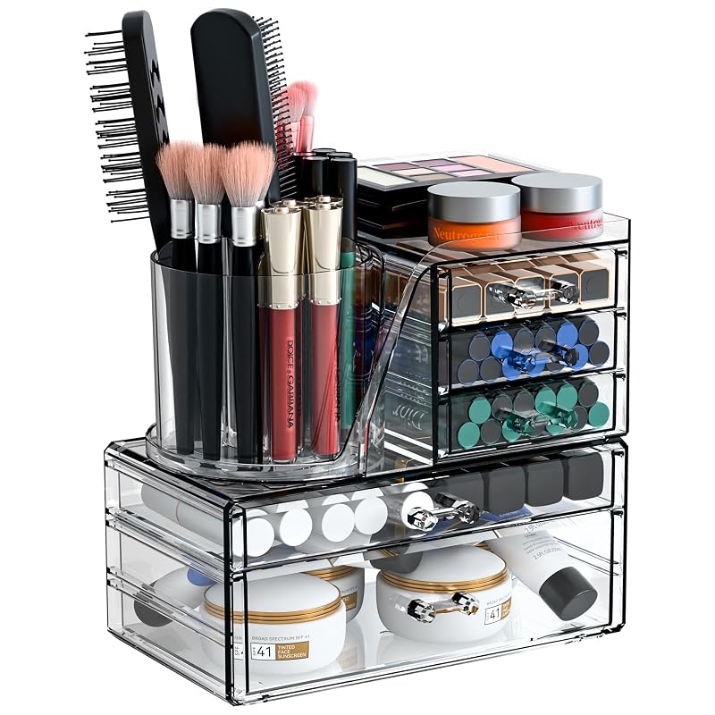 Clear Acrylic Makeup Organizer Set with Brush Holder – 2-in-1 Vanity Storage Box, 3 Pack