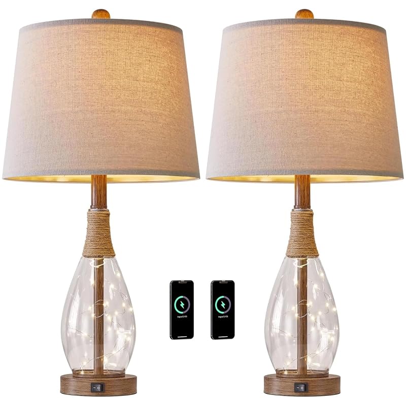 2 in 1 Bedside Table Lamps Set of 2 — Farmhouse Glass Lamp with Wood-Like Base, USB-A/C, Teardrop Glass