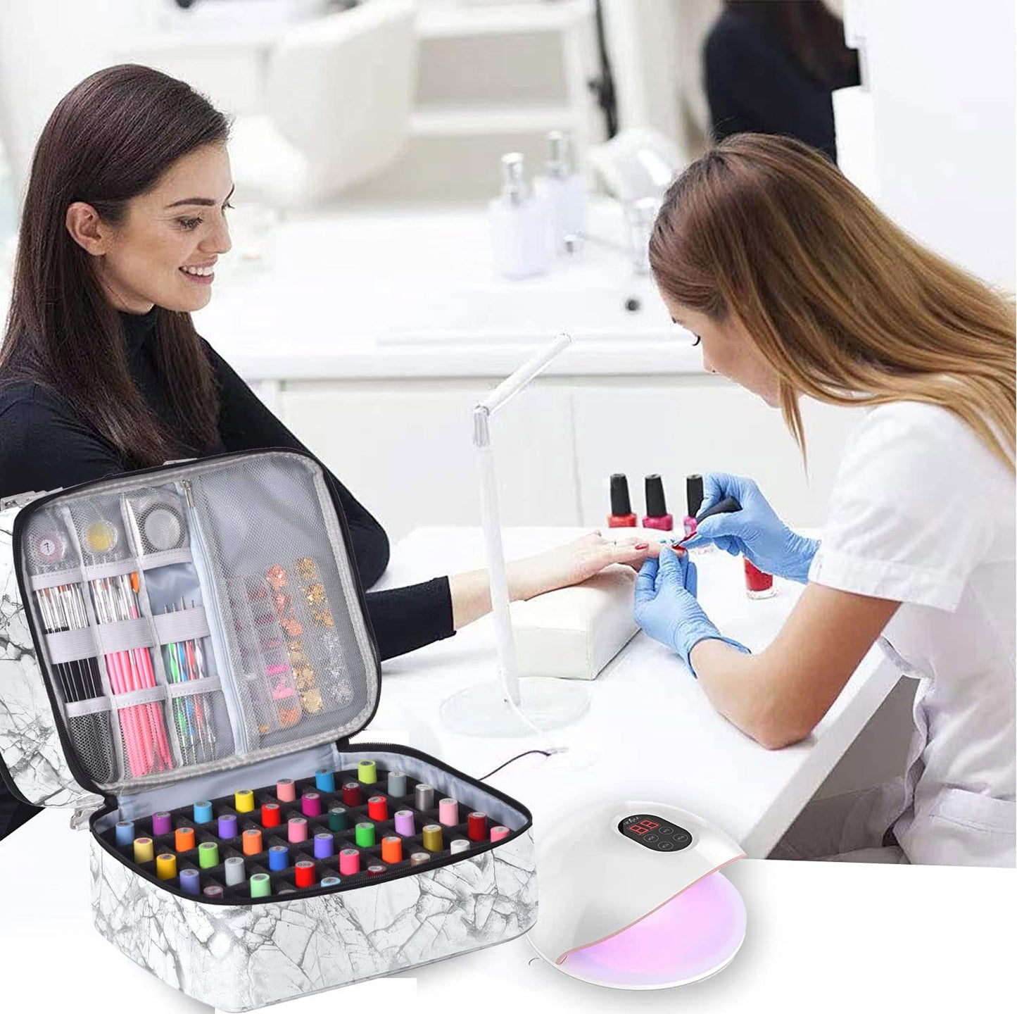 Nail Polish Organizer Bag with Travel Case for 30+ Bottles & Nail Lamp - Purple