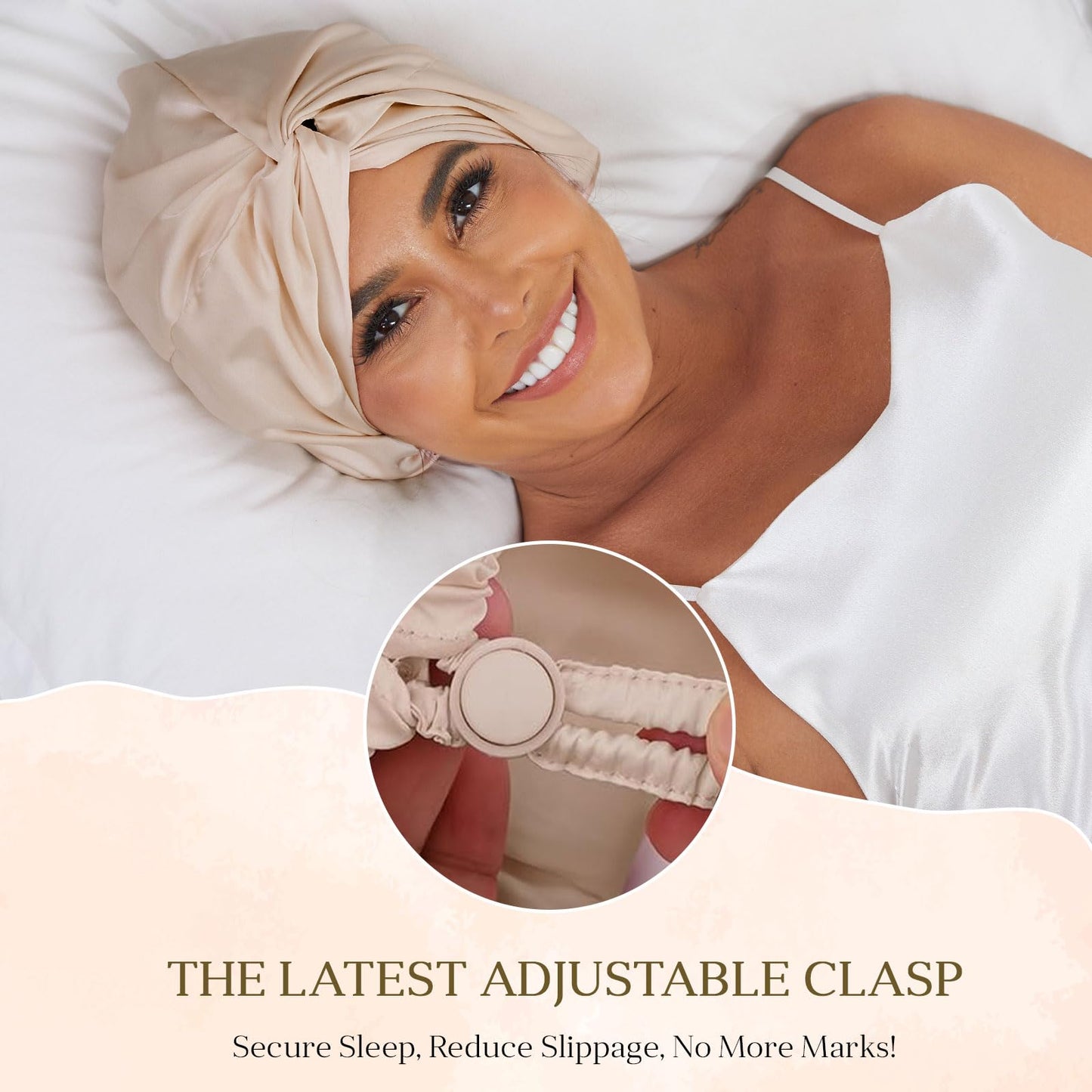 ZXYCLOPS Adjustable double-layer silk satin nightcap, suitable for wrapping hair while sleeping, for long curly hair, woven champagne color