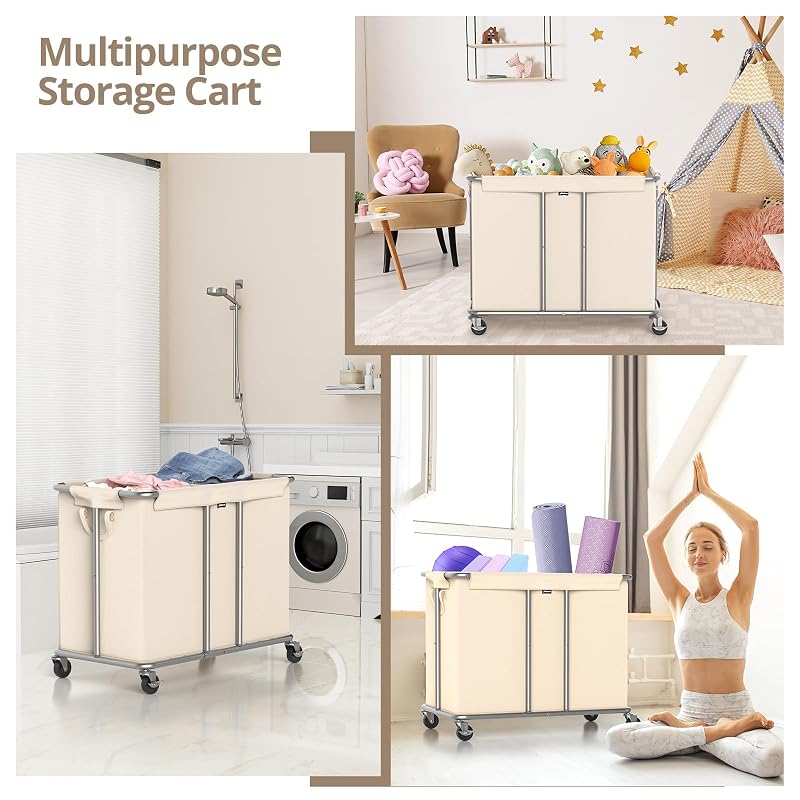 2-Section Rolling Laundry Hamper with Wheels, Beige 31.5" x 15.75" x 30.7"