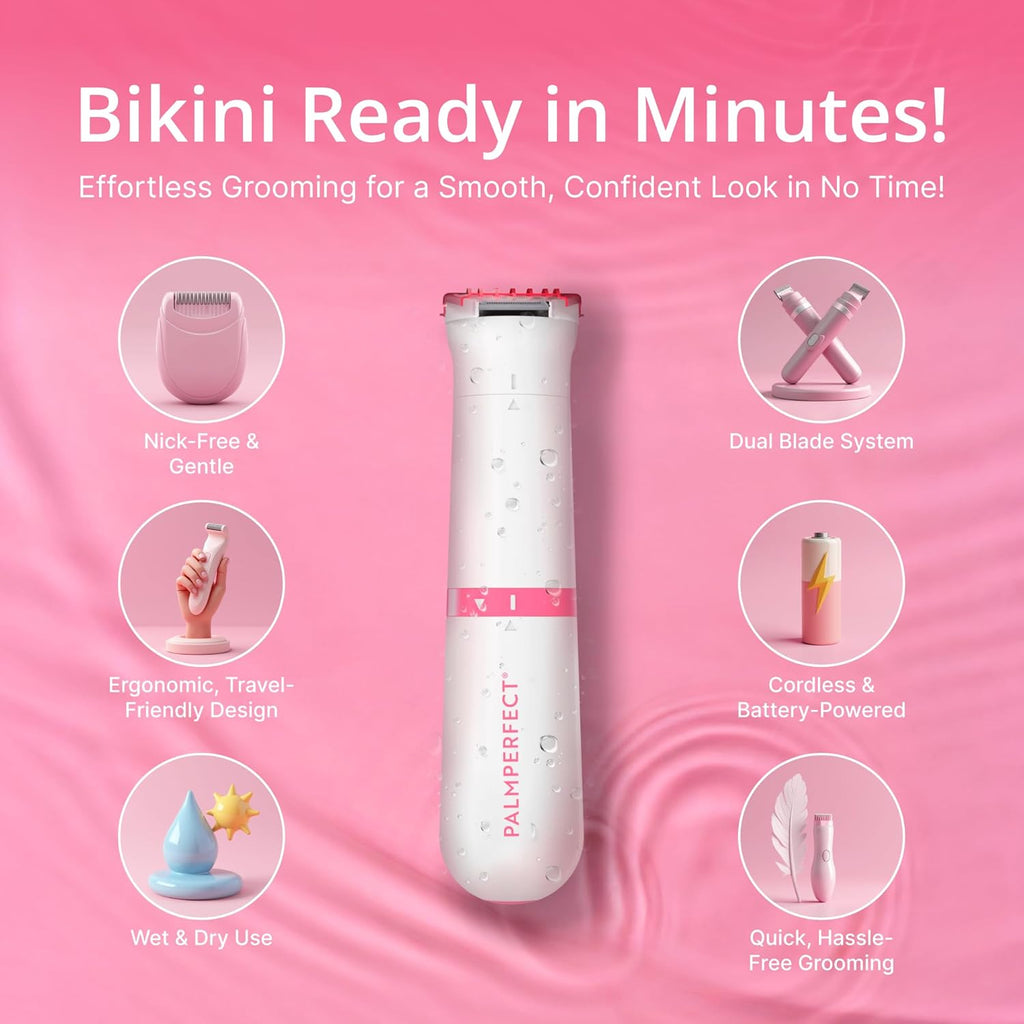 Clio PALMPERFECT Electric Bikini Trimmer - Travel-Friendly Hair Shaver for Smooth, Dual Blade for Close Shave, Use Wet or Dry - Battery-Powered + Trimming Guide Included