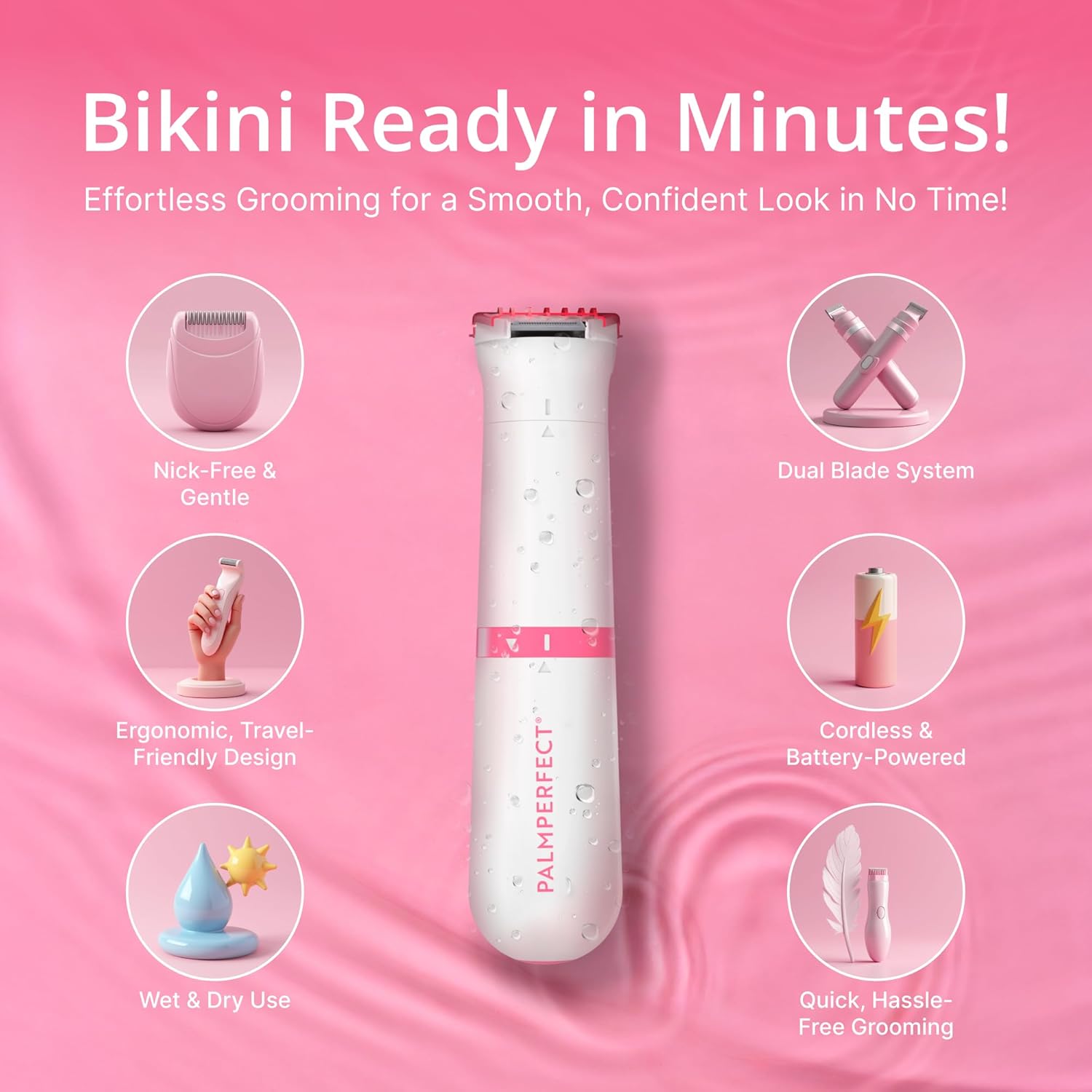 Clio PALMPERFECT Electric Bikini Trimmer - Travel-Friendly Hair Shaver for Smooth, Dual Blade for Close Shave, Use Wet or Dry - Battery-Powered + Trimming Guide Included