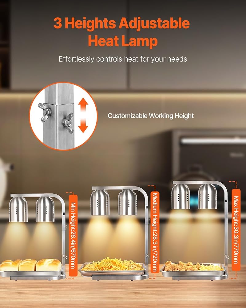VEVOR Food Heat Lamp – 500W, 2x250W Infrared Bulbs, Free-Standing Stainless Steel Warmer