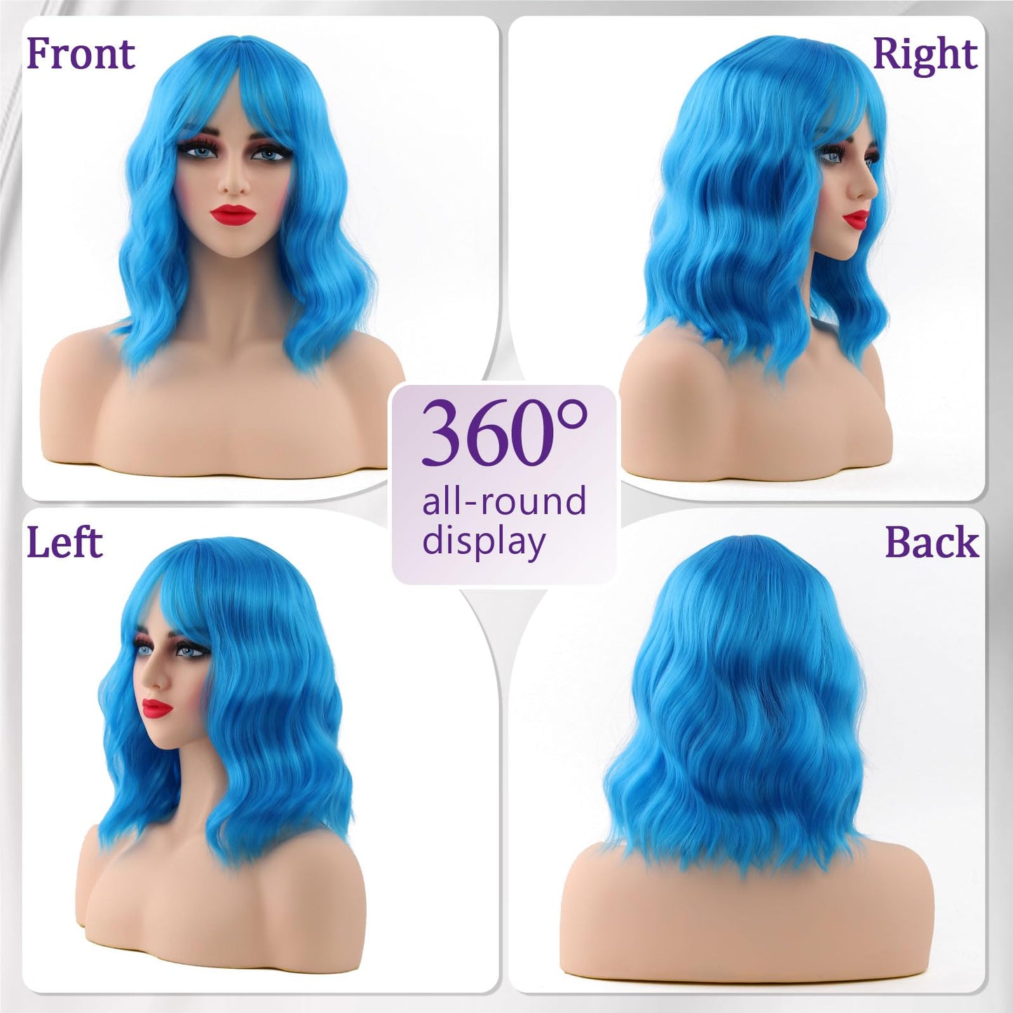 HWHRGL Light Blue Wigs with Bangs for Women 14 Inch Short Wavy Bob Wigs With Bangs Synthetic Bob Wig Curly Wig Heat Resistant Colorful Wavy Wig for Cosplay Daily Party Use Halloween Wigs