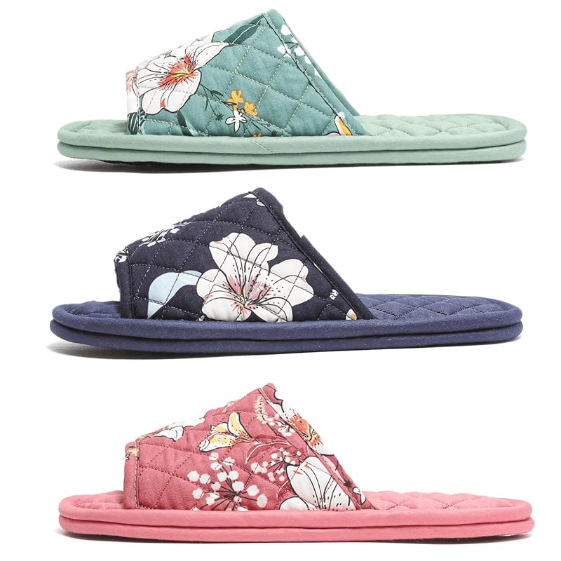3 Pairs Floral Cotton Slippers for Women - Open Toe Indoor Spa Guests Travel (Variation: Solid Color Flower+7-8.5)