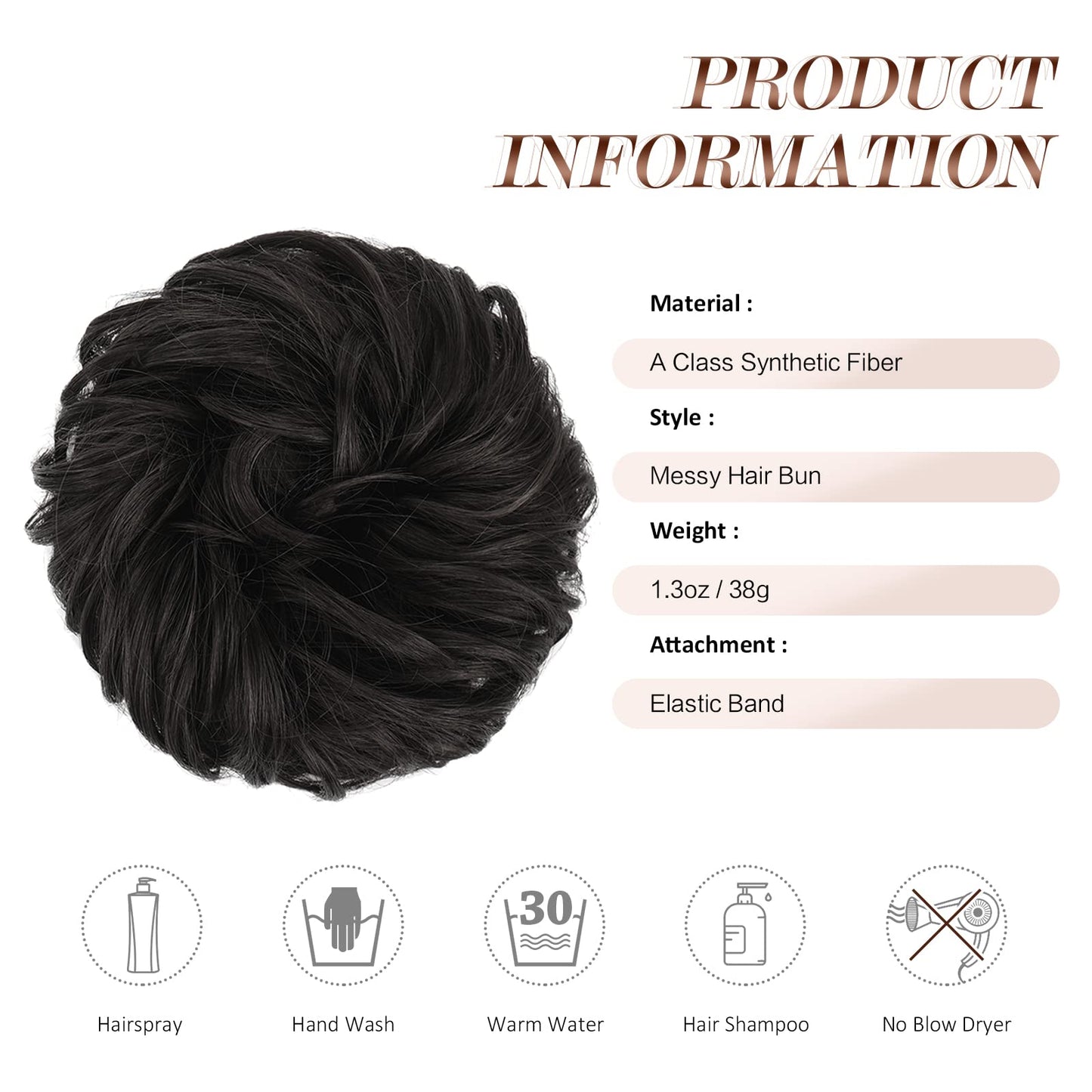 FESHFEN Messy Bun Hair Piece - Elastic Wavy Curly Hair Bun Scrunchies Extensions Synthetic Chignon Hairpieces for Women Girls, Black Brown 1 PCS
