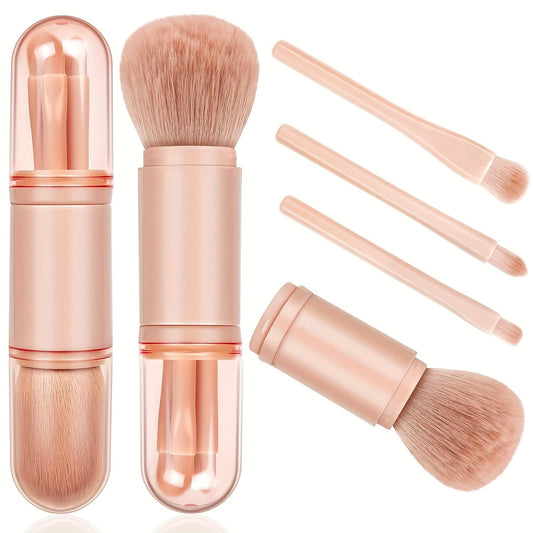 Makeup Brushes Set - 4 in 1 Mini Cute Travel Makeup Brush Professional Foundation Blending Powder Eye Shadow Brush for Women Facial Cosmetics Retractable Makeup Brush Set, Potable (Nude Pink)