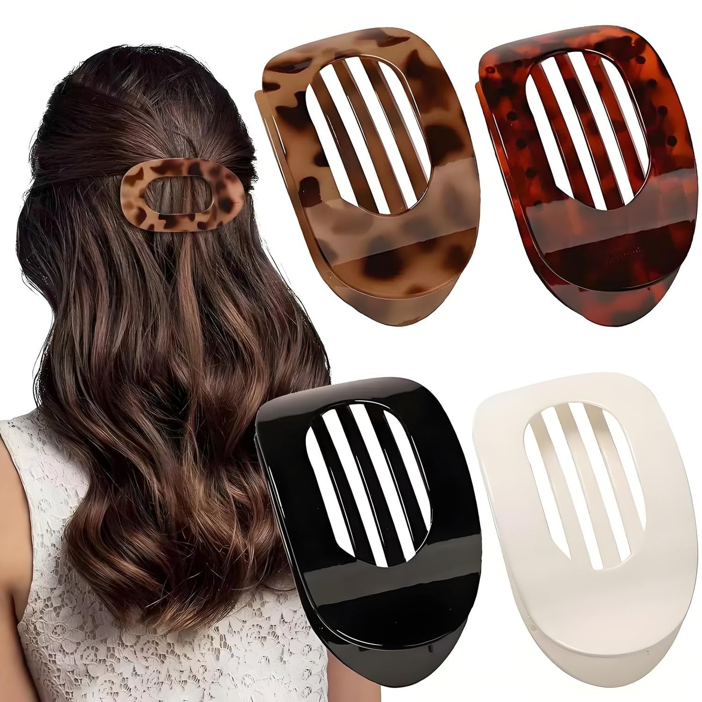 4PCS Flat Hair Clips For Women, Round Lay Down Claw Clips,Strong Duck Billed Hair Clips,Bendable Teeth，French Hair Claw Clips for Thick, Thin, Long & Short Hair (Style A)