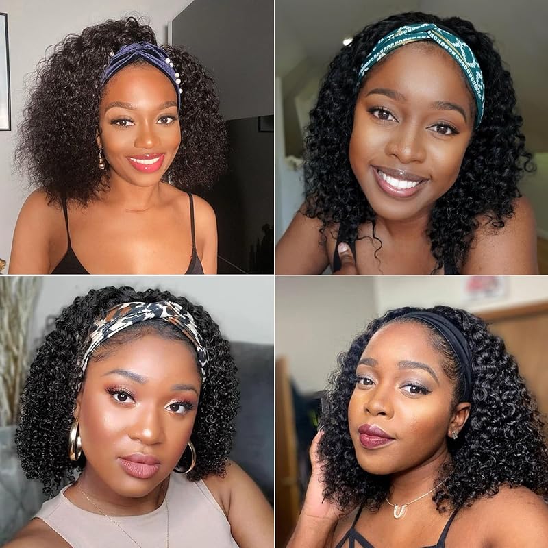Deep Wave Headband Wig 10 Inch Human Hair curly wig natural black