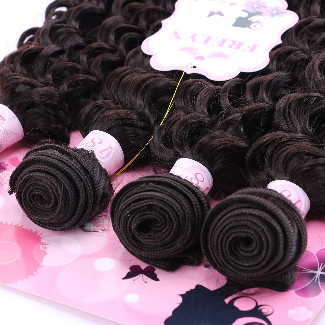 FRELYN Deep Wave Curly Synthetic Hair Weave Bundles - Black, 16-20 Inches, 4 Pack