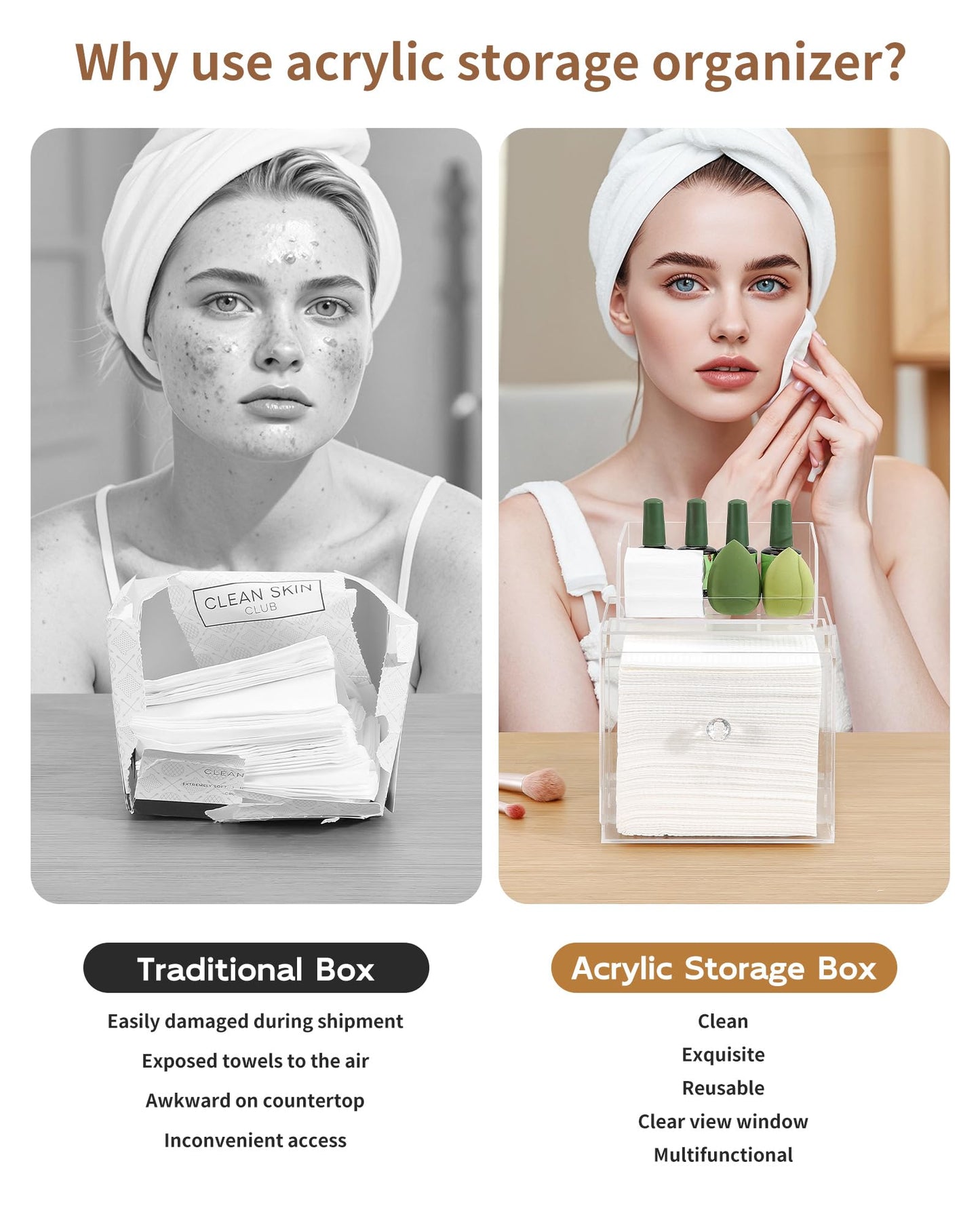 Wanapure Disposable Face Towel Holder With Makeup Organizer, Acrylic Storage Box for Clean Skin Club With Drawer, Luxe Box (Excluding Facial Towels)