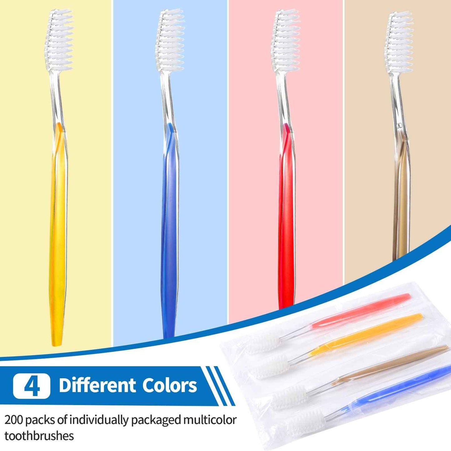 YOUKE OLA 200 Disposable Toothbrushes Individually Packaged Multi Color Pack Affordable Bulk Pack of Disposable Manual Tooth Brush Perfect for Hotel, Guest, Camping, Travel, Giveaways | Medium