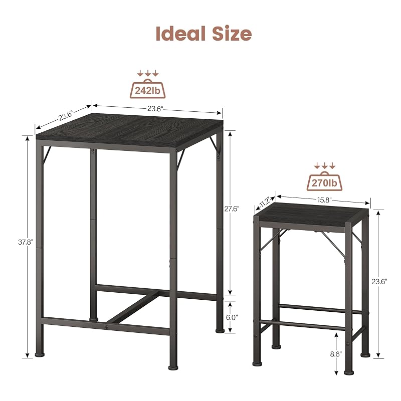 Homeiju Black Bar Table & 2 Stools Set – 23.6” Square, Space-Saving Pub Set