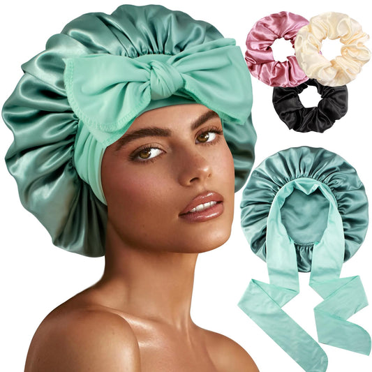 1+3 Large Satin Bonnets with Scrunchies for Women, Double Layer Hair Bonnet Tie Bonnet for Sleeping Braids Curly Hair, C