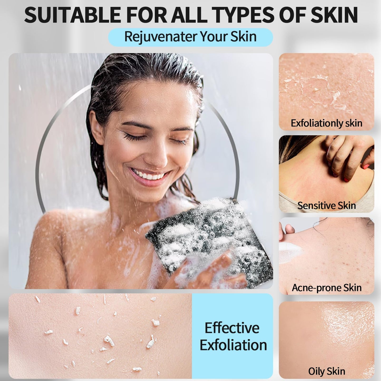 Adanluxe Exfoliating Washcloth Shower Towels, Premium Japanese Exfoliating Body Scrubber, Upgraded Loofah Sponge Rich in Silver Ion and Carbon Fiber, Face & Body Scrub Exfoliator with 2 Levels, Longer