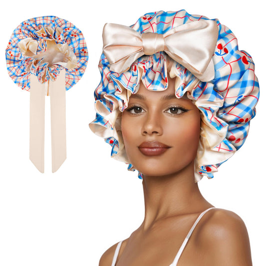 Vettres Cute Adjustable Silk Bonnet for Sleeping Double Layer Satin Cap Hair Sleep Bonnet for Curly Hair Cherry Blue