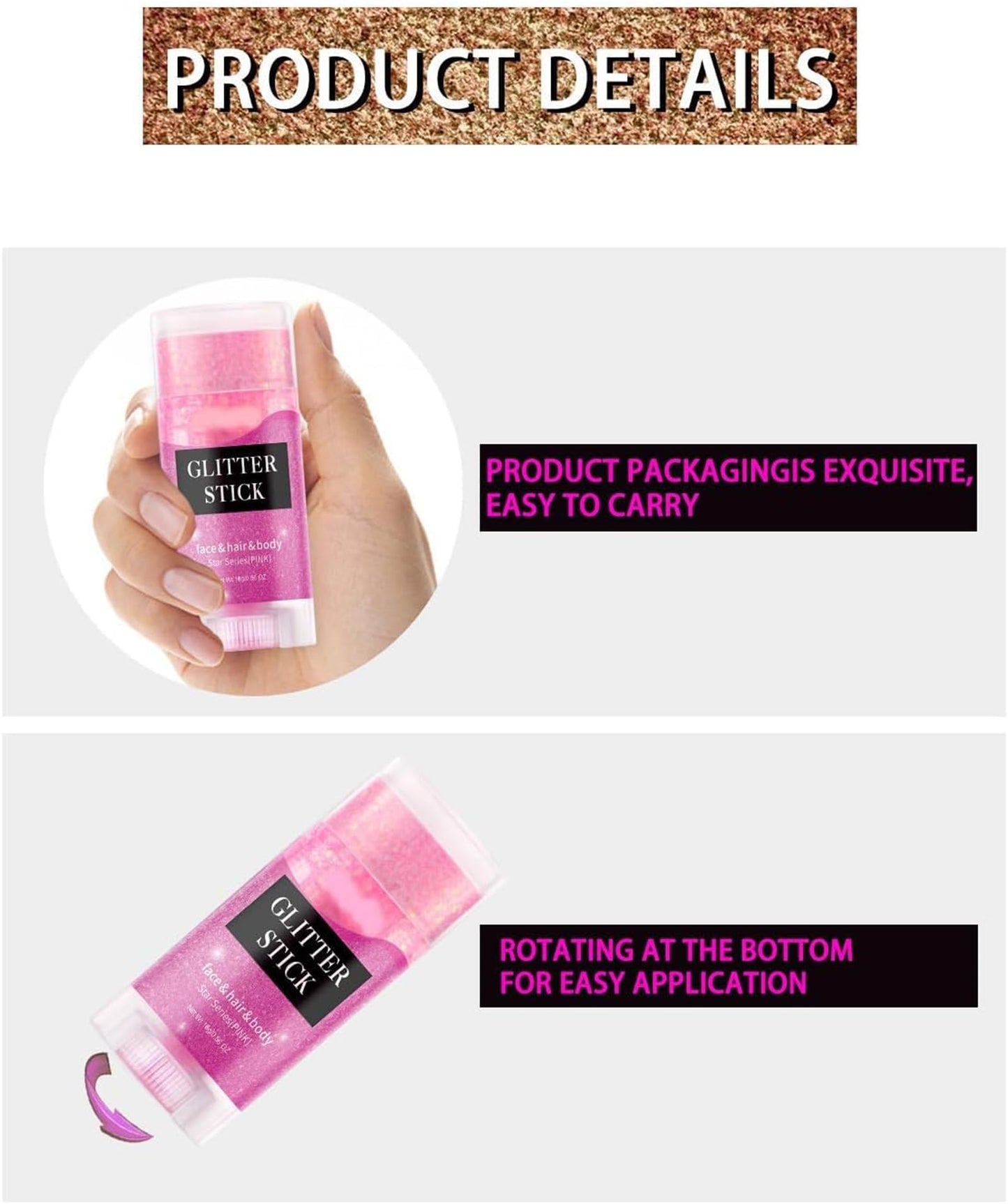 Liplaya Glitter Stick, Body Glitter Stick, Face Paint Glitters, for Concert Music Rave Festival, Long-Lasting Shine (Pink)