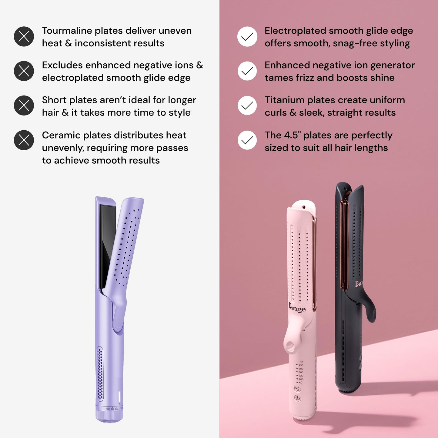 L'ANGE HAIR Le Duo Edge 360° Airflow Titanium Styler Blush | 2-in-1 Flat Iron Straightener & Curling Iron | 1” Wide Titanium Plates with Rounded Corners & Softly Beveled Edges (Blush)