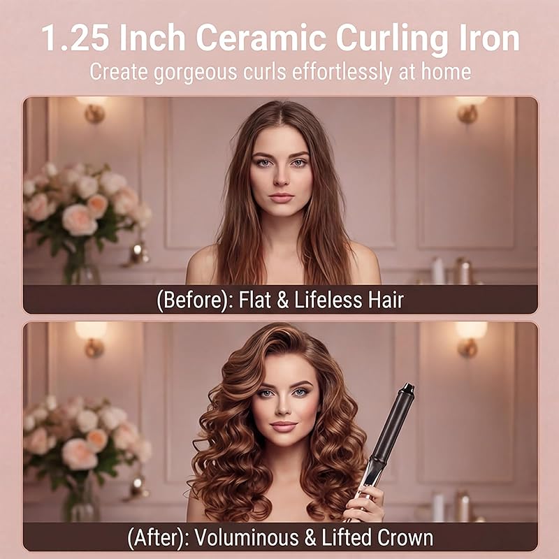 1.25 Inch Oval Ceramic Curling Iron with Temperature LCD - Long Barrel Pro Curling Wand, Auto Shut-Off