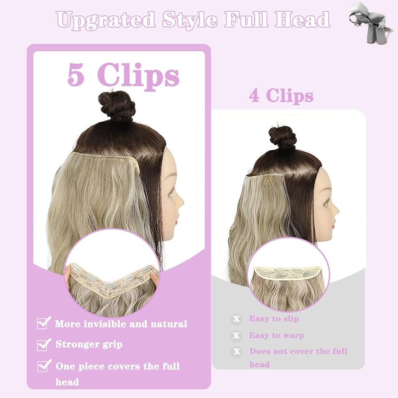 Curly Clip-In Hair Extensions 16 Inch V-Shape Balayage Honey Blonde to Platinum Blonde - 10A Real Human Hair, 5-Clip Weft