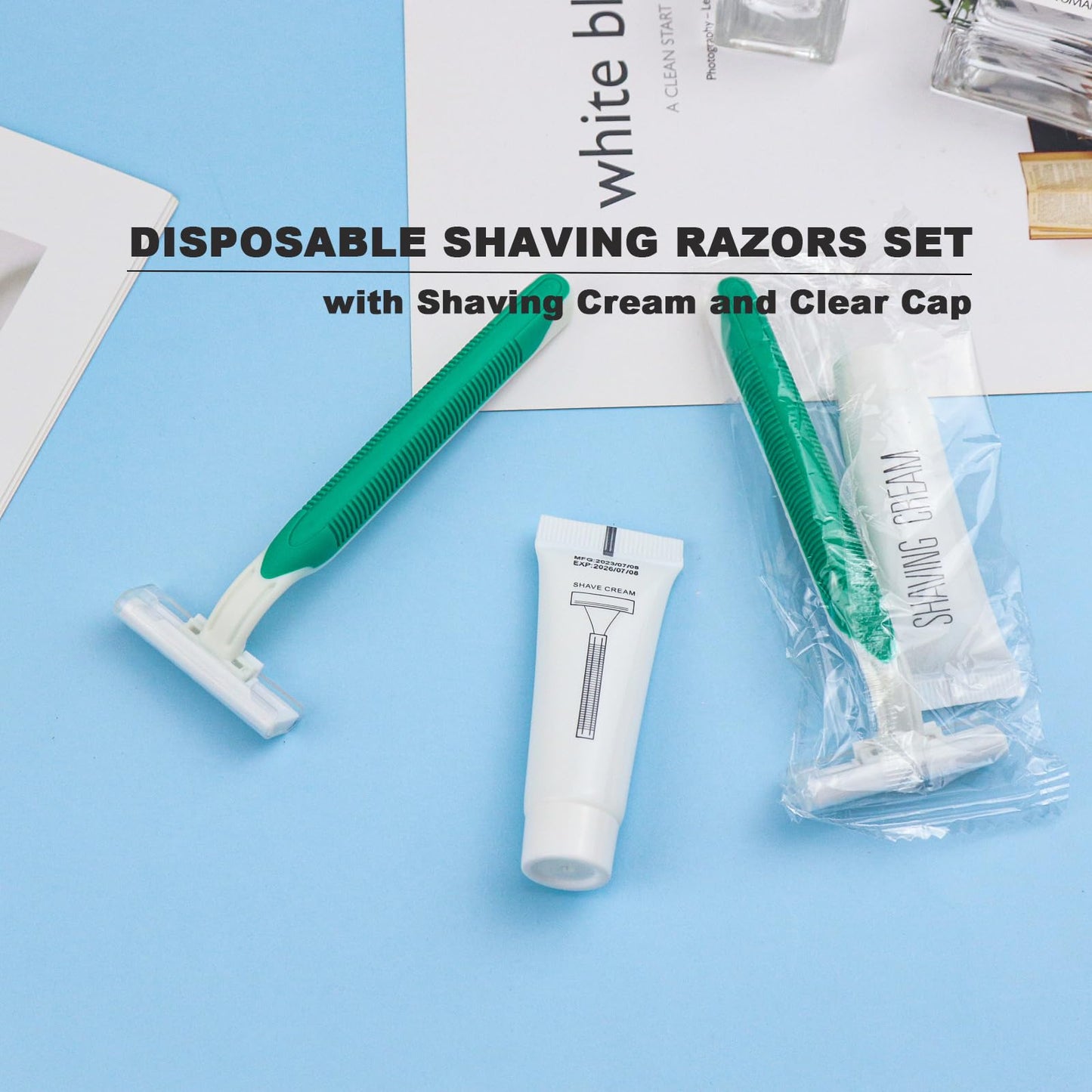 Disposable Razors in Bulk Pack of 60,Green Disposable Shaving Razors Individual Wrapped Twin Blade Bulk Disposable Razors with Clear Cap and 10g Shaving Cream for Homeless,Hotel,Travel,Charity,Shelter
