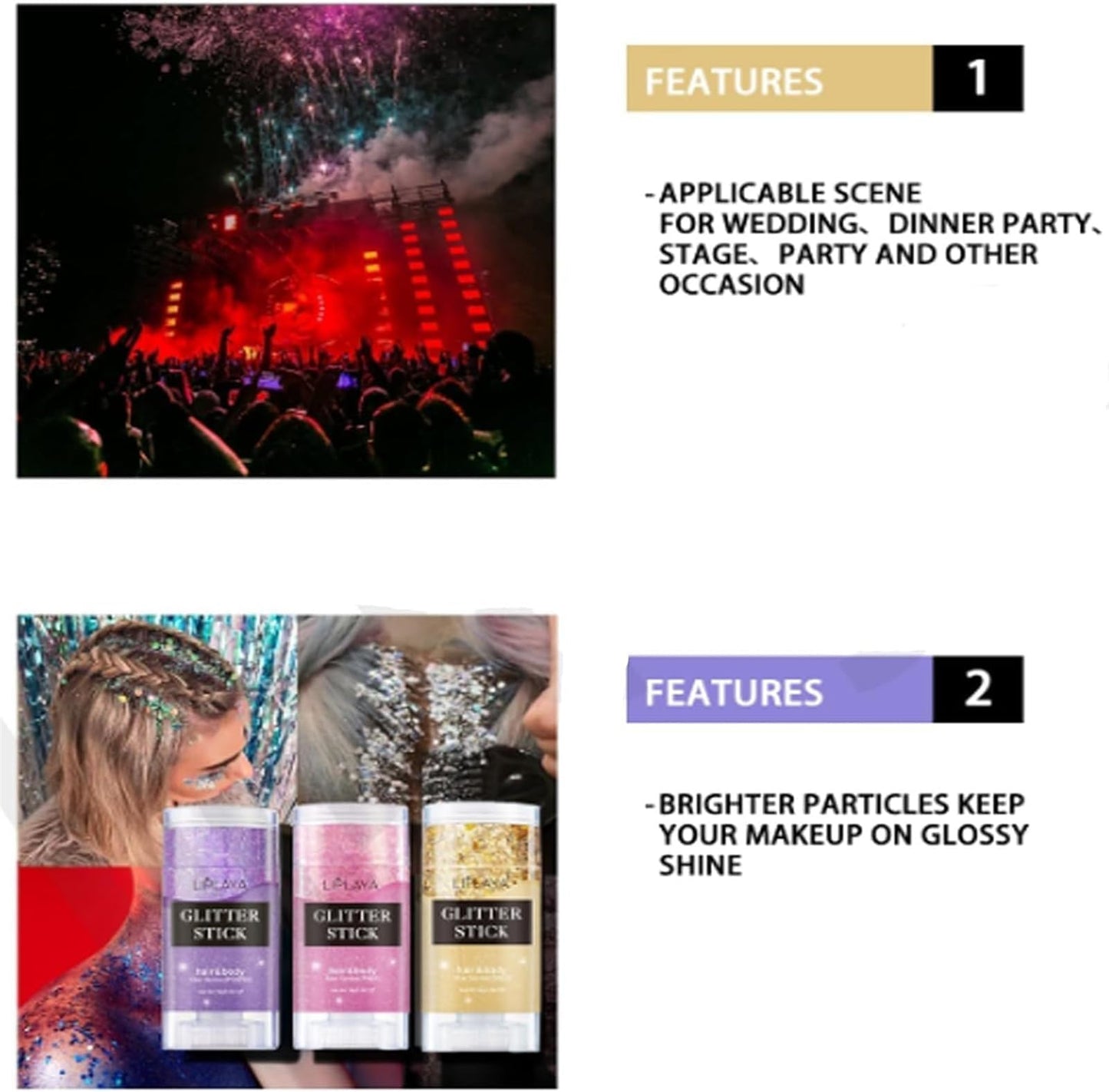 Liplaya Glitter Stick, Body Glitter Stick, Face Paint Glitters, for Concert Music Rave Festival, Long-Lasting Shine (Pink)