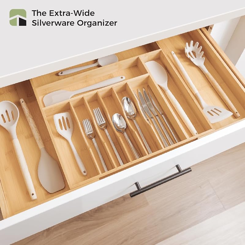 Adjustable Bamboo Silverware Drawer Organizer, 18.5"-33" Wide - KitchenEdge Natural