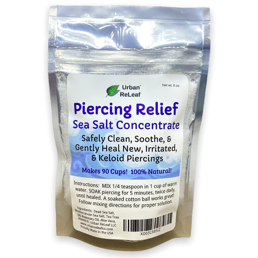 Urban ReLeaf Piercing Relief Sea Salt Concentrate AFTERCARE 6 oz. Bag! Makes 90 Cups! Safely Clean, Soothe, Gently Calm Irritated & Keloid Bump Piercings. Dead Sea Salt, Tea Tree, Rosemary
